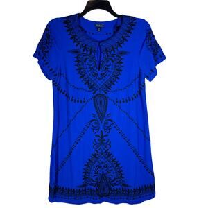 Lucky Brand‎ Embroidered Beaded Blue Keyhole Shift Dress Women's Medium Boho